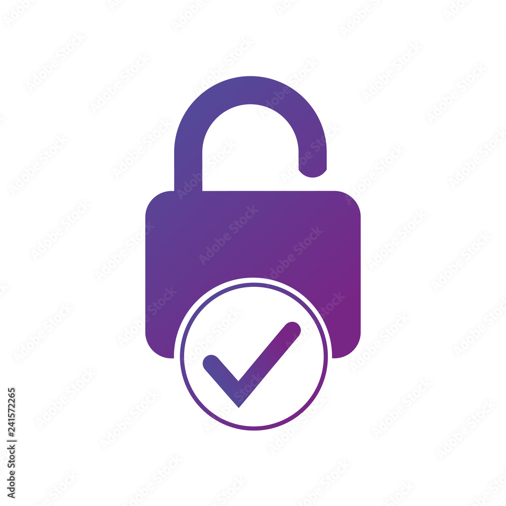 Poster open lock and check mark icon isolated on white background. security check lock sign. vector illustr