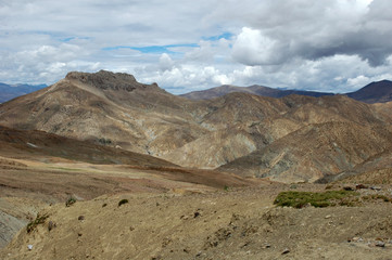 Tibetan landscape with brown mountains and clouds