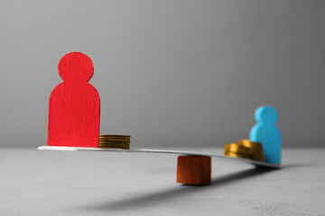 Inequality people income gap. Gold coins on scales.