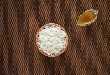 White rice in a wooden bowl.