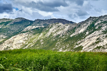 Beautiful landscape of stone rock mountains around of the Sibiny lakes (RU: Sibinskiye Ozora: Sadyrkol, Tortkara, Shalkar, Korzhynkol), neer the city of Oskemen (RU: Ust-Kamenogorsk), East Kazakhstan