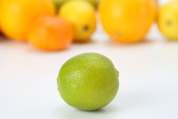 green lemon on the background of different citrus fruits on white background