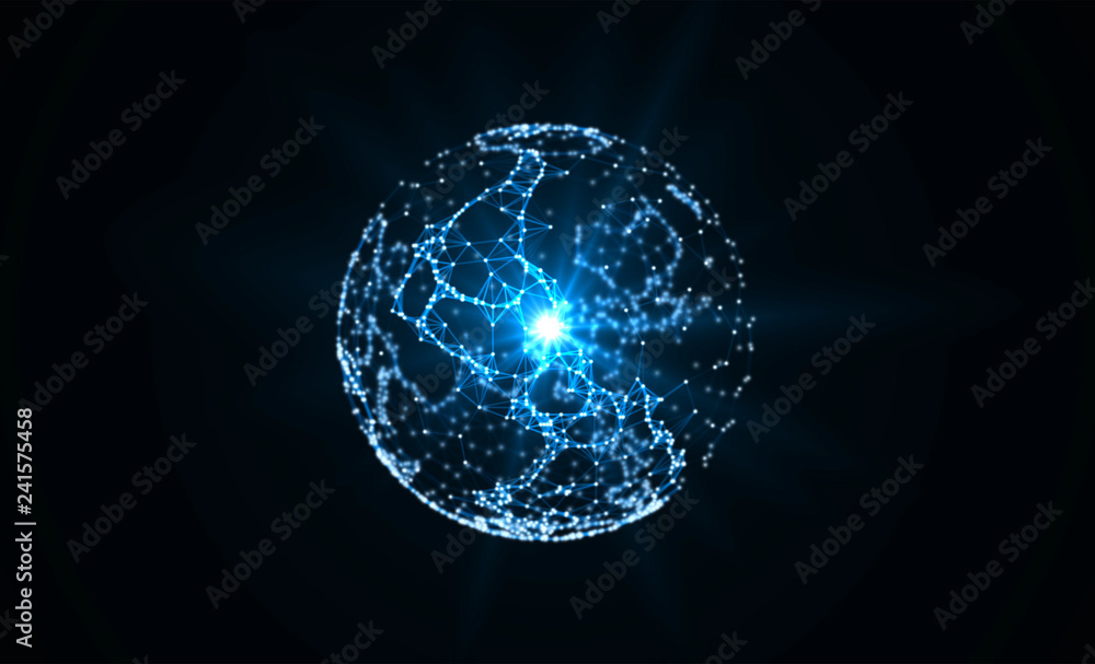 Poster planet earth and light. blue sphere shape ball with digital data and network connection triangle lin