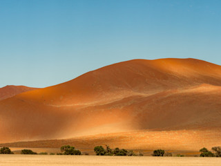Fototapeta na wymiar Big clouds over the salt pan Sossuvlei. Namib Naukluft National Park. Sand dunes in the pan of Sossusvlei. Namibia. Africa.