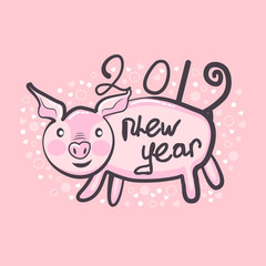 Postcard with a happy new year 2019 with a cute