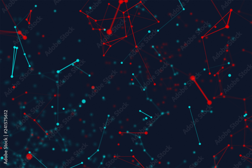 Poster blue and red digital data and network connection triangle lines and spheres in futuristic technology