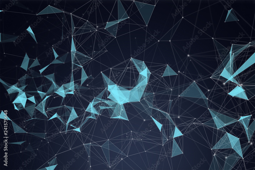 Poster blue digital data and network connection triangle lines and spheres in futuristic technology concept