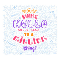 Lettering simple hello in different language doodle quote in sketch style. Hand draw beautiful phrase. Motivation concept.