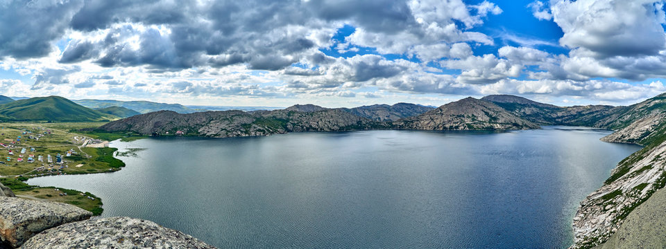 Beautiful landscape with stone rock mountains oraund of the Sibiny lakes (RU: Sibinskiye Ozora: Sadyrkol, Tortkara, Shalkar, Korzhynkol), neer the city of Oskemen (RU: Ust-Kamenogorsk) East Kazakhstan