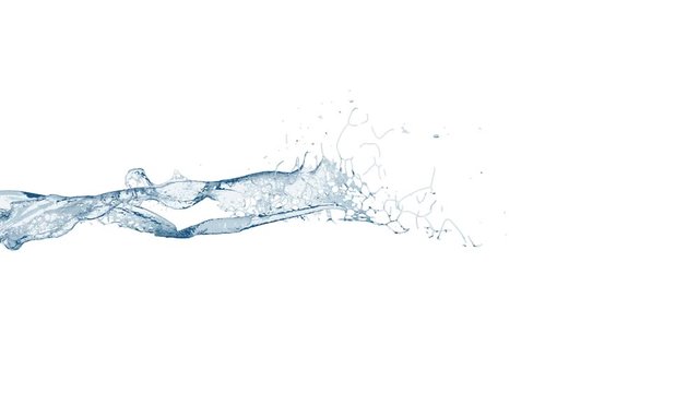 4k slow motion 3d blue vortex water flow with a splashes isolted on a white background with alpha matte