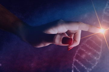 Close up of woman Touching DNA molecule . Mixed media.