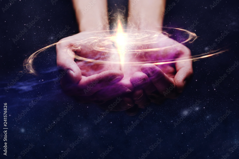 Poster hand hold a new star in infinite space. mixed media.