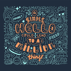 Lettering simple hello in different language doodle quote in sketch style. Hand draw beautiful phrase. Motivation concept.