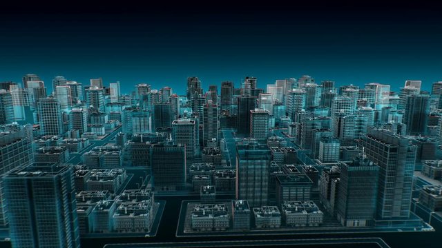 Moving around view of Smart city, Blue x-ray. 4k animation.