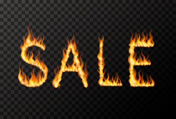 Hot SALE phrase made from bright realistic fire flames on transparent