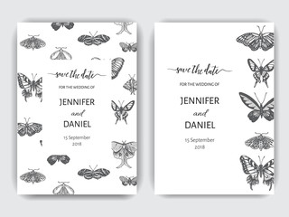 Hand drawn sketch wedding illustration butterfly. Vector card with butterflies.