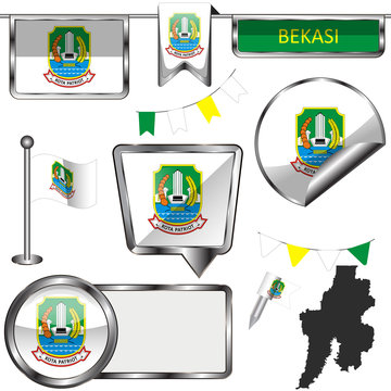 Glossy icons with flag of Bekasi, Indonesia