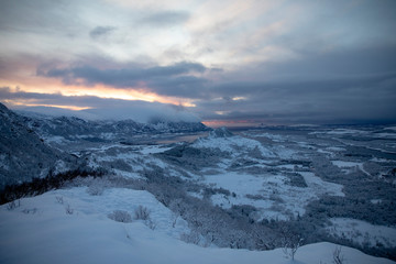 Sunset over farmland in Brønnøy municipality, Nortdland county