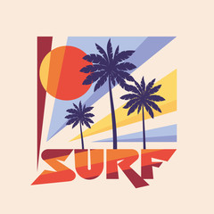 Surf - vector illustration concept in vintage graphic style for t-shirt and other print production. Palms, sun illustration. Badge logo design. 80's style vintage retro California beach.