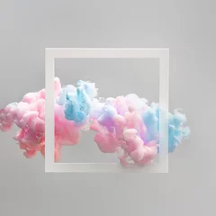 Abstrakte pastellrosa und blaue Farbfarbe mit pastellgrauem Hintergrund. Fließende Komposition mit Kopierraum. Minimaler natürlicher Luxus. © Zamurovic Brothers