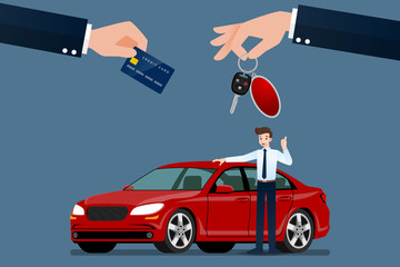The car dealer's make an exchange, sale, rent between a car and the customer's credit card. Vector illustration design.