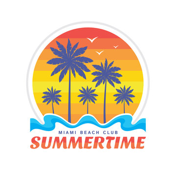 Summertime Miami beach club - vector illustration concept in retro vintage graphic style for t-shirt and other print production. Palms, sun, beach, coast. Badge logo design. Summer travel vacation.