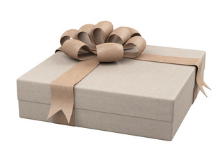 Flat gift box with ribbon and bow  wrapped in recycled paper.
