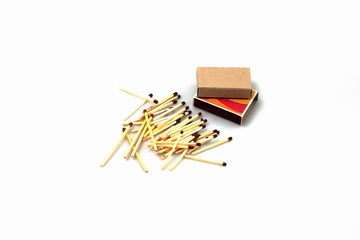 Closeup view of matchbox and  matches  isolated on white background. 
