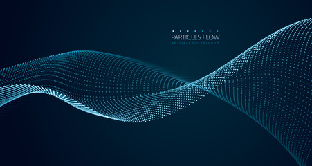 Dynamic particles sound wave flowing over dark. Blurred lights vector abstract background. Beautiful wave shaped array of glowing dots.