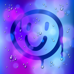 Cute smiley drawn on a window over blurred background and water rain drops, vector realistic illustration, happy when its rainy weather beautiful art.