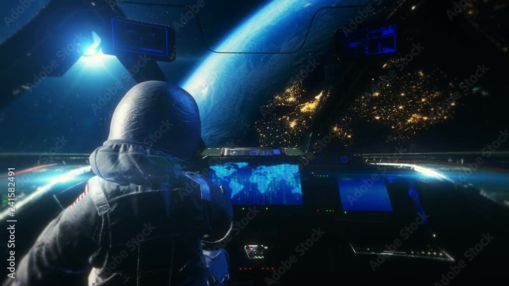Wall mural astronaut in spaceship above earth 4k