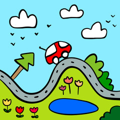 Camping hand drawn illustration with colorful landscape