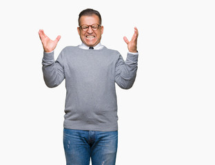 Fototapeta premium Middle age bussines arab man wearing glasses over isolated background celebrating mad and crazy for success with arms raised and closed eyes screaming excited. Winner concept
