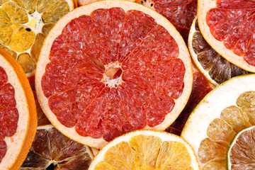 Dried slices of various citrus fruits