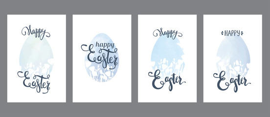 Hand drawn watercolor easter eggs with flowers and lettering, cards set, universal, classic design isolated