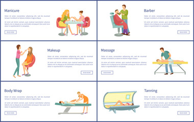 Manicure and Manicurist Tanning Posters Set Vector