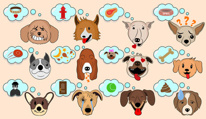 Cartoon Vector Illustration of Funny Dogs Expressing Emotions. Funny Mixed Breed dogs with Speech Bubble. Dog Brain Thinking. What the dogs think about. A Dog's Dream. 
