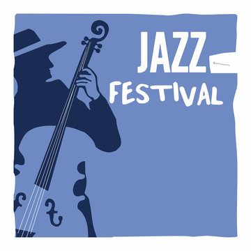 Jazz music festival poster with man playing contrabass flat vector illustration design. Music background with contrabass, live concert events, party flyer, brochure, promotional banner