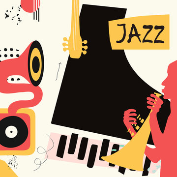 Jazz music festival poster with trumpet, piano and gramophone flat vector illustration. Colorful music background with music instruments, live concert events, party flyer, brochure, promotional banner