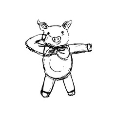 sketch of a funny dancing pig with a bow