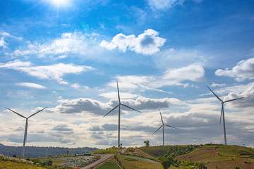 Wind turbines generate electricity on the Moutain at Khao Kho of phetchabun in Thailand.