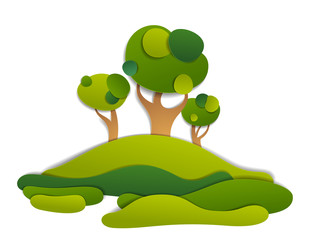 Scenic landscape of meadows and trees, summer fields and grasslands vector illustration in paper cut kids style. Summer holidays in countryside, travel and tourism.