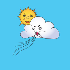Cloud with funny face blowing wind from it`s lips, sun behind, hand drawn doodle, sketch isolated vector colorful illustration