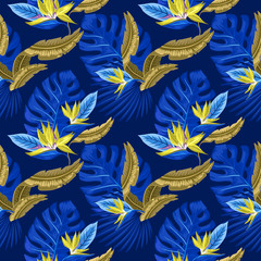 seamless pattern of tropical blue palm leaves, monstera  leaves  and coral flowers of the bird of paradise (Strelitzia) plumeria on a light blue background. Wallpaper trend design.