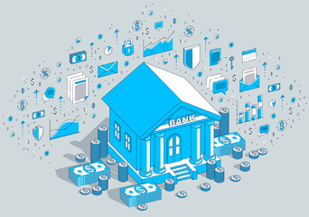 Old cartoon bank building with cash money dollar pile and cent stack cartoon isolated over white background. Isometric vector finance illustration with icons, stats charts and design elements.