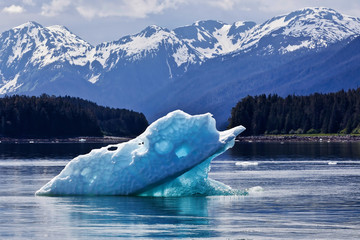 Iceberg floating on Ocean with Mountains