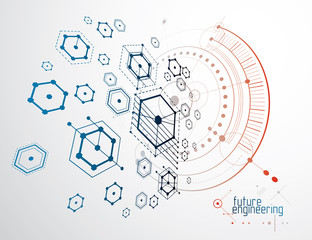 Technical plan, abstract engineering draft for use in graphic and web design. Vector drawing of industrial system created with hexagons, lines and circles.