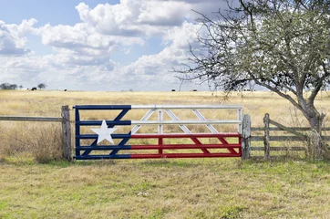 Texas Lone Star flag painted on gate to grazing meadow © skyoftexas