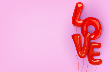 Fototapeta premium red balloon font of love lettering fly on the right side of image with pink background and copyspace. Concept design for valentine's day or love event template in vector illustration