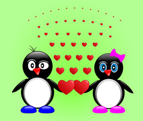 Two lovers penguin surrounded by hearts, Valentine's Day postcard